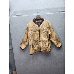 Denim & Co. 1X Embroidered Beige & Brown Button-Up Jacket With Floral Detailing